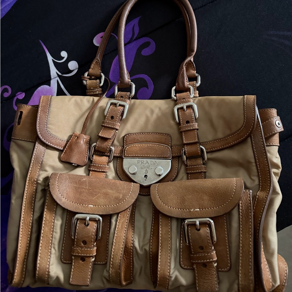 Prada Brown & Beige Nylon Leather Tote Bag